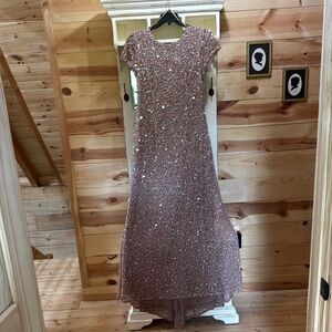 Adrianna Papell Sequined Tan Beige Maxi Dress with Small Train
